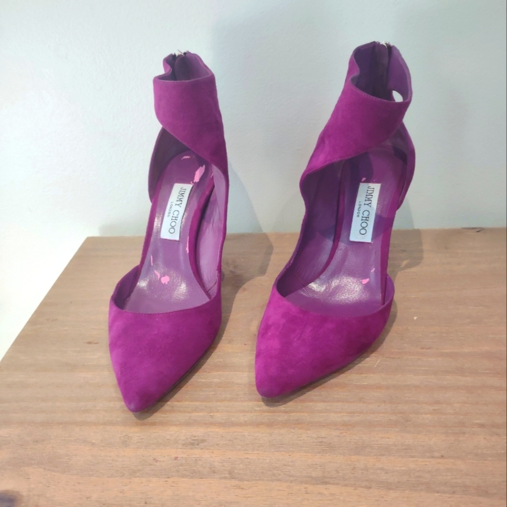 Jimmy Choo Taria 85 Madeline fuchsia cut out suede heeled booties 40.5 $825 - Picture 4 of 11